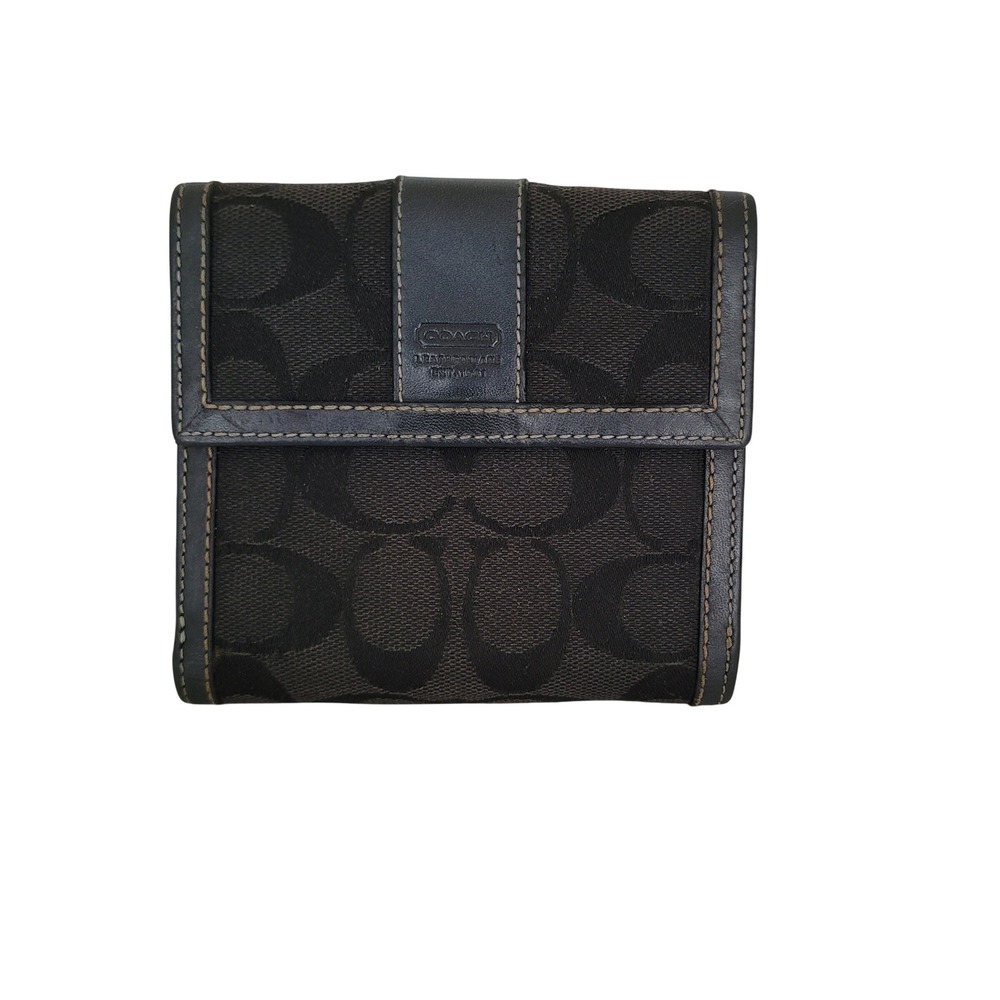 Coach Signature C Monogram Small Trifold Wallet Black Jacquard Leather Trim